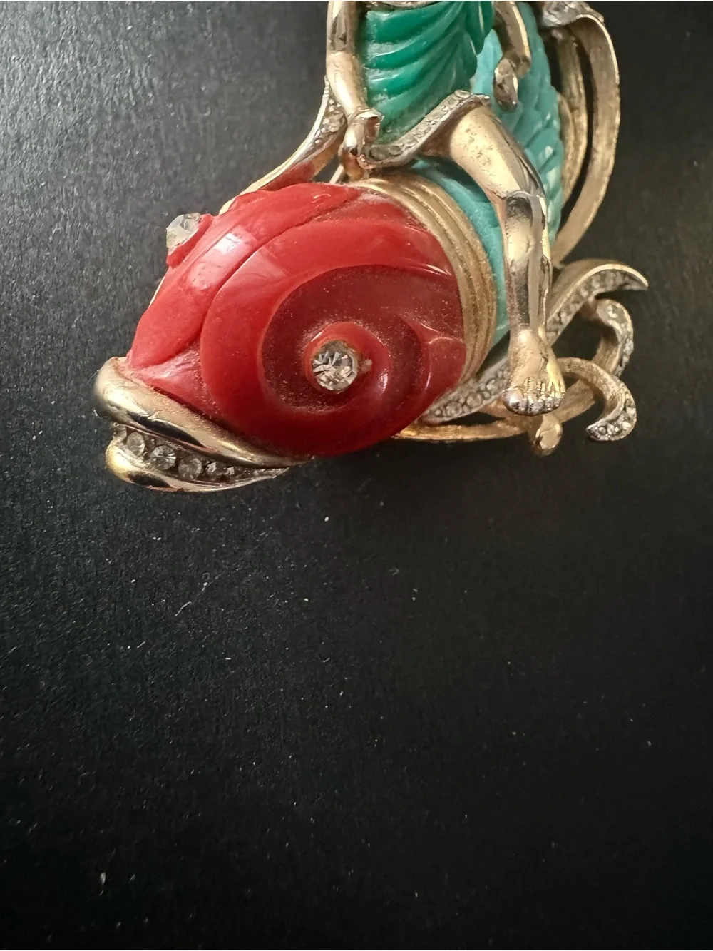 Vintage Unsigned Carnegie Figural Faux Jade Boy Riding Dolphin Fish Brooch Pin